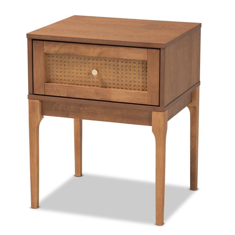 Mielra Mid-Century Modern Ash Rattan 1-Drawer Nightstand | Natural Brown/Gold