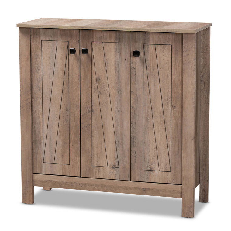 Oisin Modern and Contemporary Transitional 3-Door Shoe Cabinet | Rustic Oak