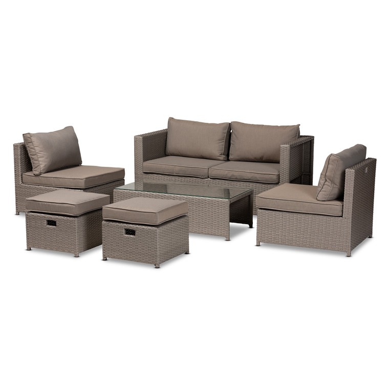 Marina Todern and Contemporary Fabric Upholstered and Finished Synthetic Rattan 6-Piece Patio Set | Grey