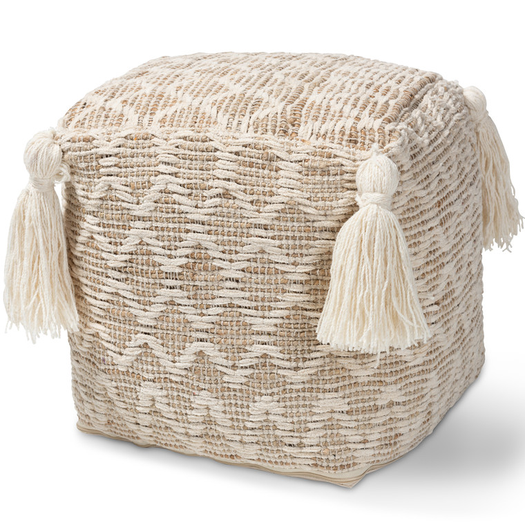 Nolanda Moroccan Inspired Natural and Ivory Handwoven Cotton and Hemp Pouf Ottoman | Natural/Ivory