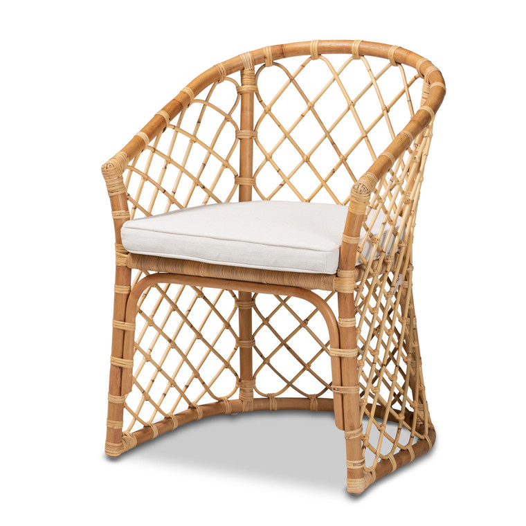 Charda Modern Bohemian Fabric Upholstered Rattan Dining Chair | White/Natural Brown