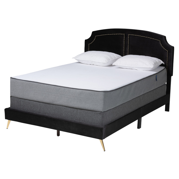 Xylo Traditional Glam and Luxe Velvet and Metal Panel Bed | Black/Gold