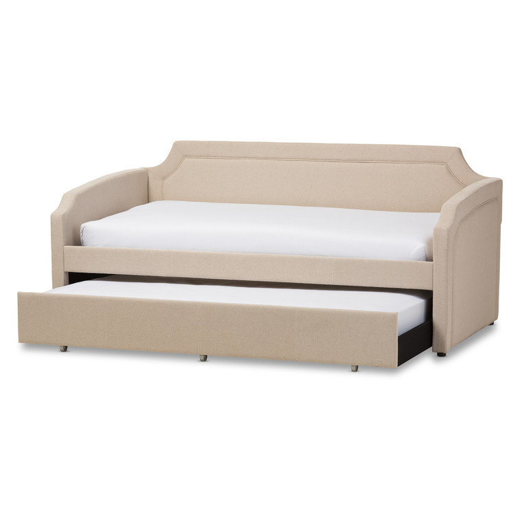 Sonpark Modern and Contemporary Linen Fabric Curved Notched Corners Sofa Twin Daybed with Roll-Out Trundle Guest Bed | Beige