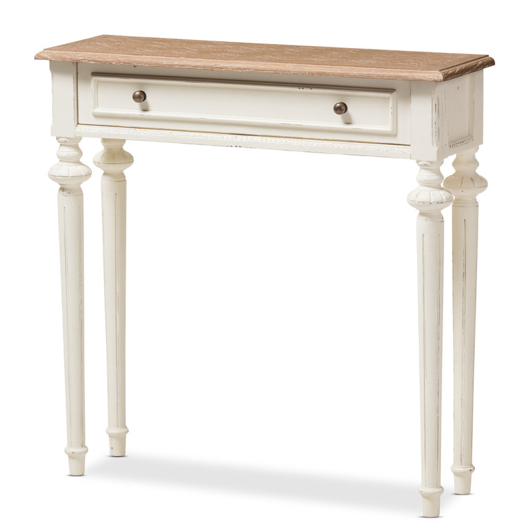 Quarrie French Provincial Style Weathered Oak and Wash Distressed Finish Wood Two-Tone Console Table | White/Natural
