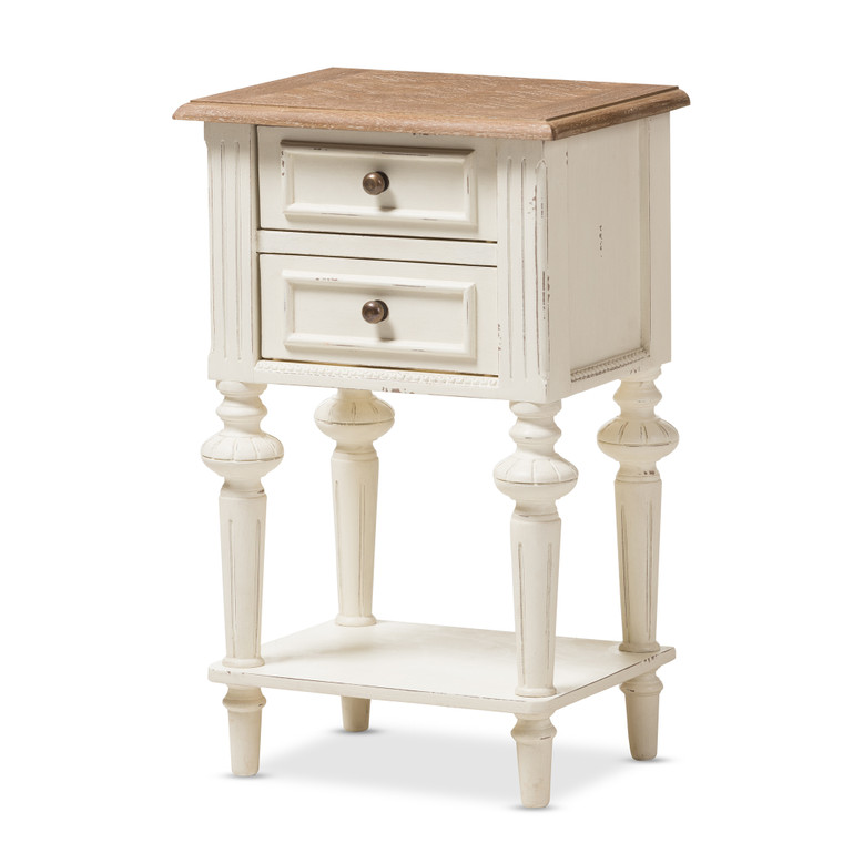 Quarrie French Provincial Style Weathered Oak and Wash Distressed Finish Wood Two-Tone 2-Drawer and 1-Shelf Nightstand | White/Natural