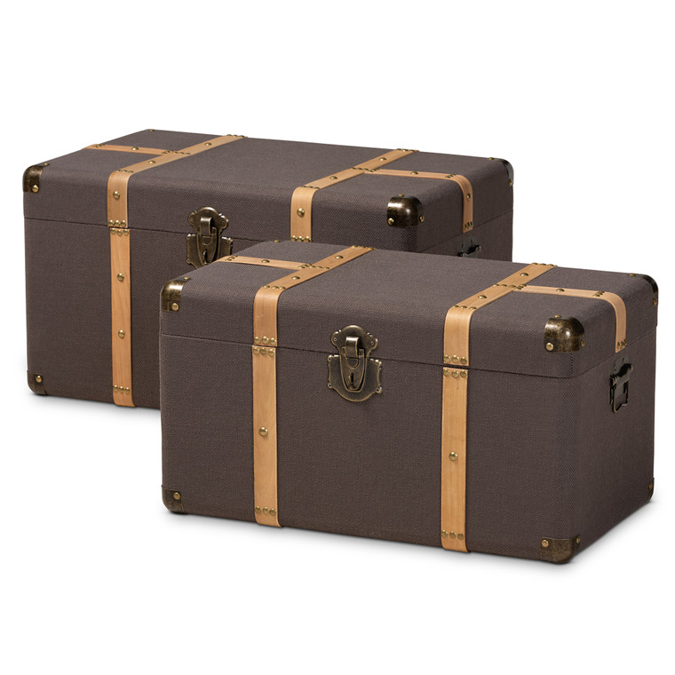 Phentes Todern and Contemporary Transitional Fabric Upholstered 2-Piece Storage Trunk Set | Stellan Brown/Oak Brown