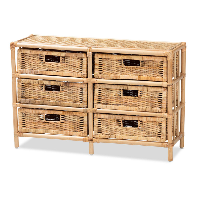 Novalie Modern Bohemian Rattan 6-Drawer Storage Cabinet | Natural Brown