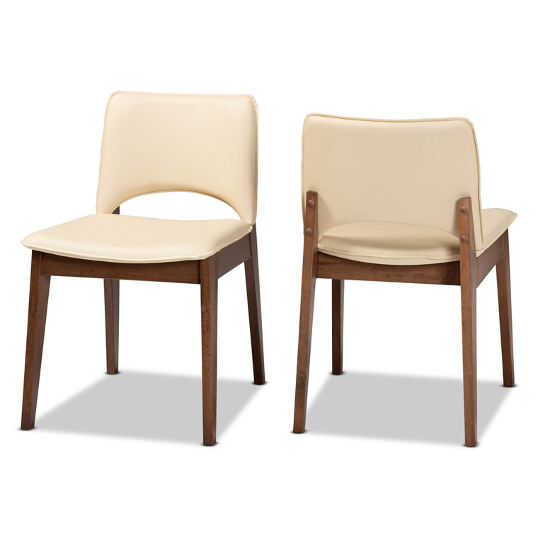 Nafto Tid-Century Todern Beige Faux Leather Upholstered 2-Piece Dining Chair Set | Beige/Walnut Brown