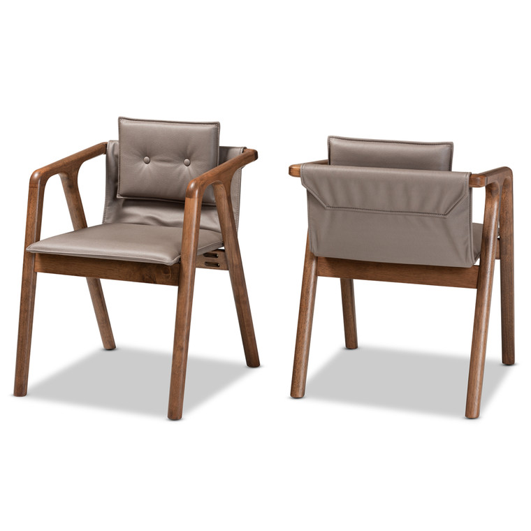 Calix Tid-Century Todern Grey Imitation Leather Upholstered 2-Piece Dining Chair Set | Grey/Walnut Brown