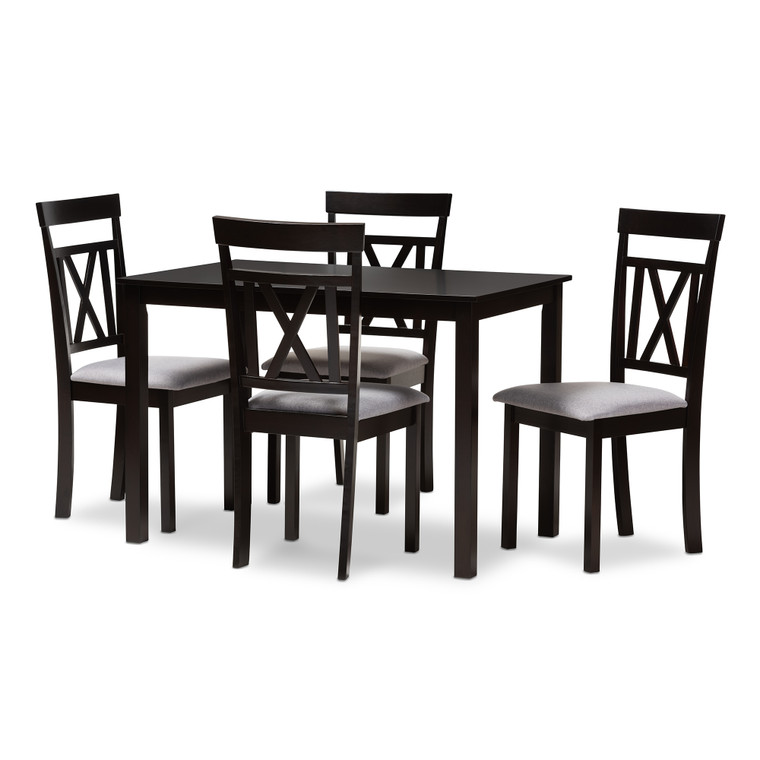 Eisor Modern and Contemporary Nivan and Fabric Upholstered 5-Piece Dining Set | Table: Nivan Brown; Chairs: Grey/Nivan Brown