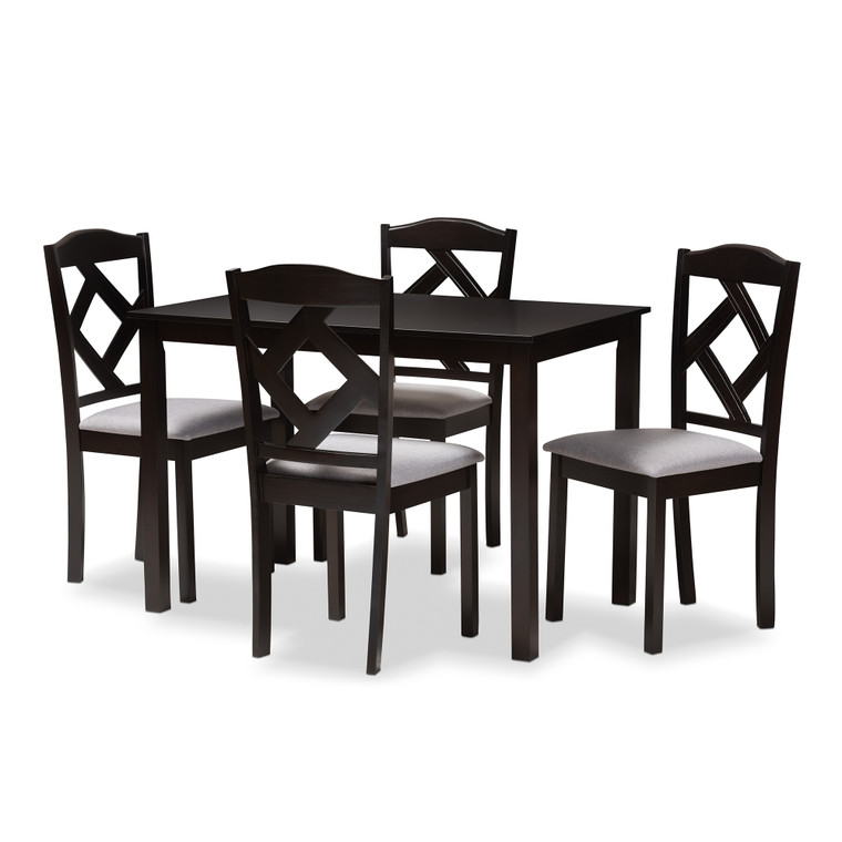 Thuru Modern and Contemporary Nivan and Fabric Upholstered 5-Piece Dining Set | Table: Nivan Brown; Chairs: Grey/Nivan Brown