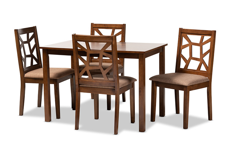 Leneabi Tid-Century Light Fabric Upholstered and Finished 5-Piece Wood Dining Set | Light Brown/Walnut