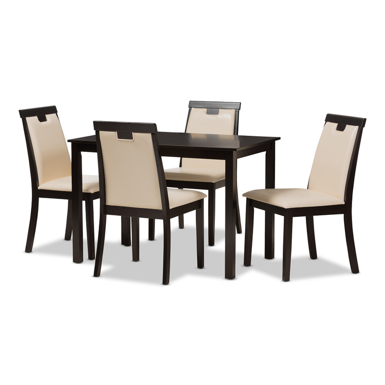 Linen Todern and Contemporary Beige Faux Leather Upholstered and Finished 5-Piece Dining Set | Beige/Stellan Brown