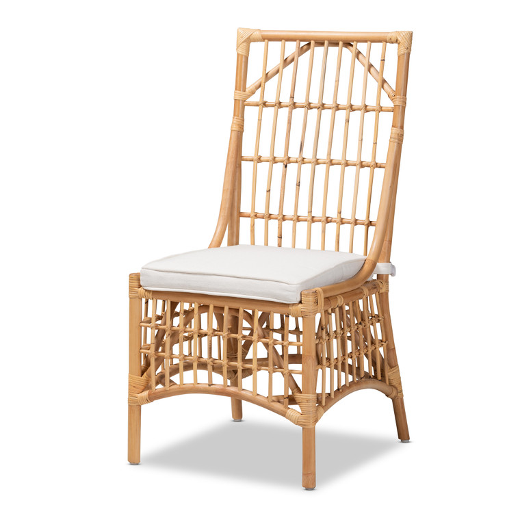 Eros Modern Bohemian Fabric Upholstered Rattan Dining Chair | White/Natural Brown