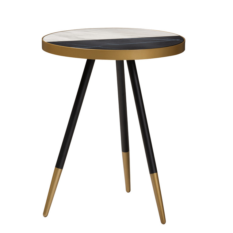 Laureo Todern and Contemporary Round Glossy Marble and Metal End Table with Gold Legs | "Mable" Brown/Black/Gold