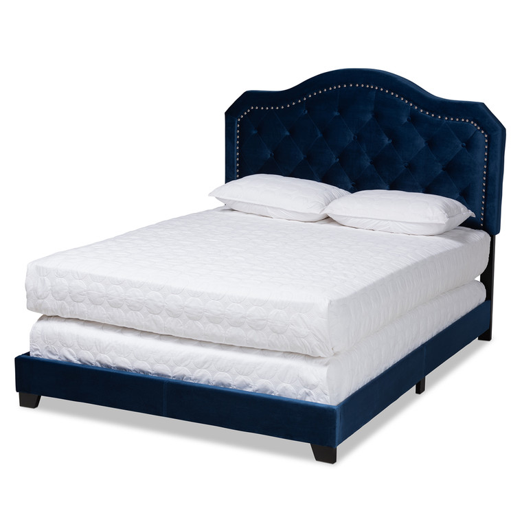 Anthasam Modern and Contemporary Velvet Fabric Upholstered Button Tufted Bed | Navy Blue/Black