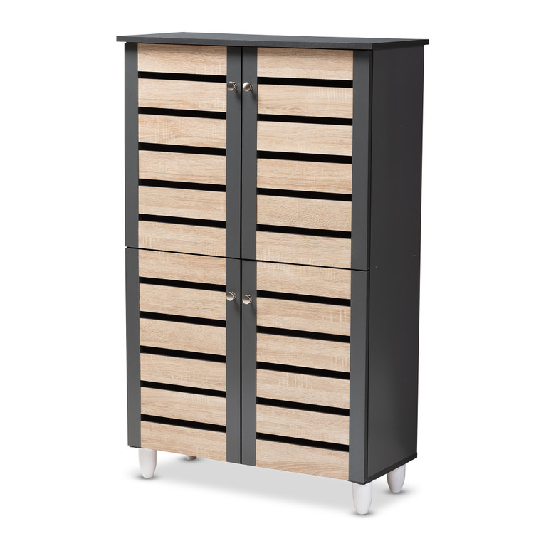 Gia Modern and Contemporary Two-Tone Oak and Gray 4-Door Shoe Storage Cabinet | Oak/Stellan Gray