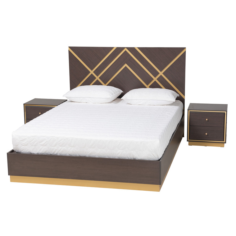Philomena Contemporary Glam and Luxe Two-Tone Wood 3-Piece Bedroom Set | Stellan Brown/Gold