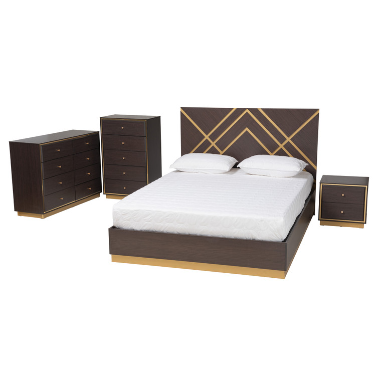 Philomena Contemporary Glam and Luxe Two-Tone Wood 4-Piece Bedroom Set with Chest | Stellan Brown/Gold
