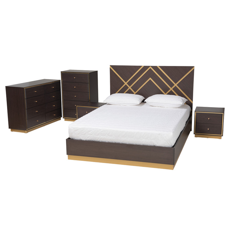 Philomena Contemporary Glam and Luxe Two-Tone Wood 5-Piece Bedroom Set | Stellan Brown/Gold