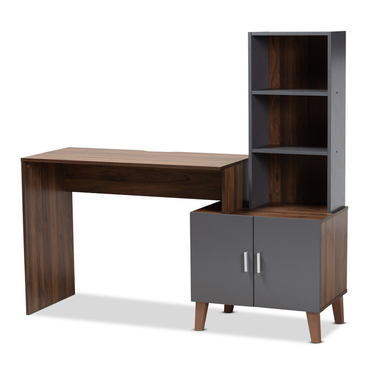 Egerja Modern and Contemporary Two-Tone and Wood Storage Desk with Shelves | Grey/Walnut Brown