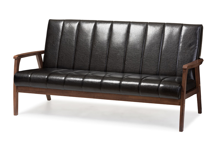 Nikkoa Mid-century Todern Scandinavian Style Faux Leather Wooden 3-Seater Sofa