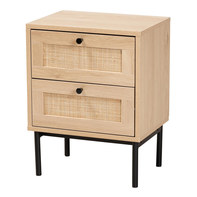 Winsher Mid-Century Modern 2-Drawer End Table with Woven Rattan Accent | Light Brown/Black