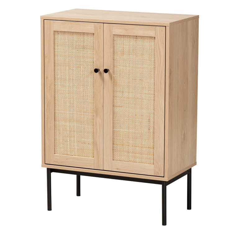 Winsher Mid-Century Modern 2-Door Storage Cabinet with Woven Rattan Accent | Light Brown/Black