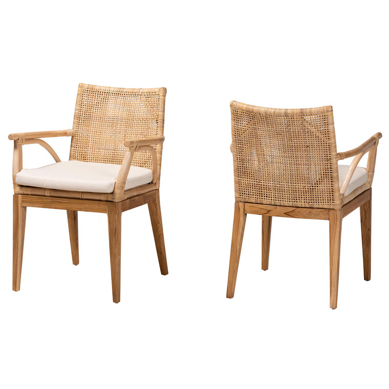 Seltros Todern Bohemian Teak Wood Rattan 2-Piece Dining Chair Set | Natural Brown/Cream
