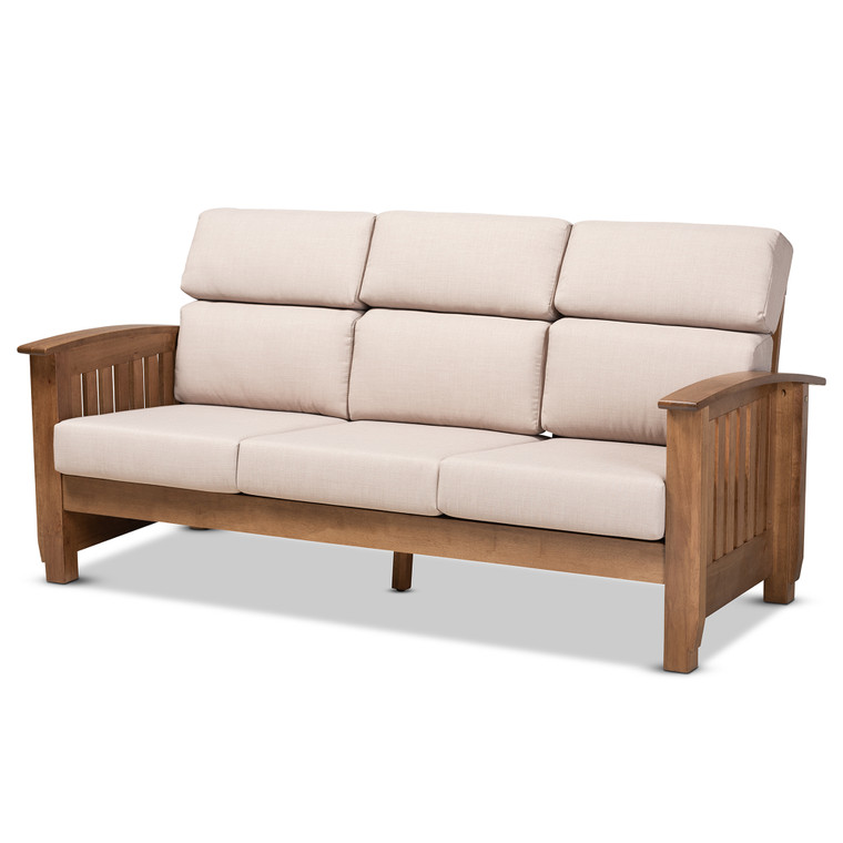 Hepburn Todern Classic Mission Style Taupe Fabric Upholstered 3-Seater Sofa | Taupe/Walnut Brown