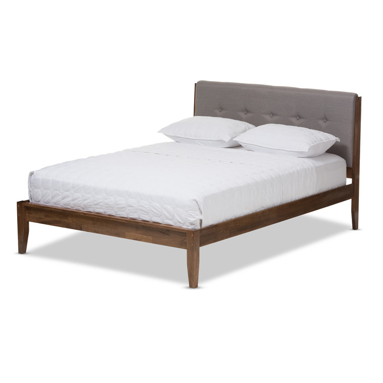 Tylan Tid-Century Fabric and Medium Finish Wood Platform Bed | Light Grey/"Walnut" Brown