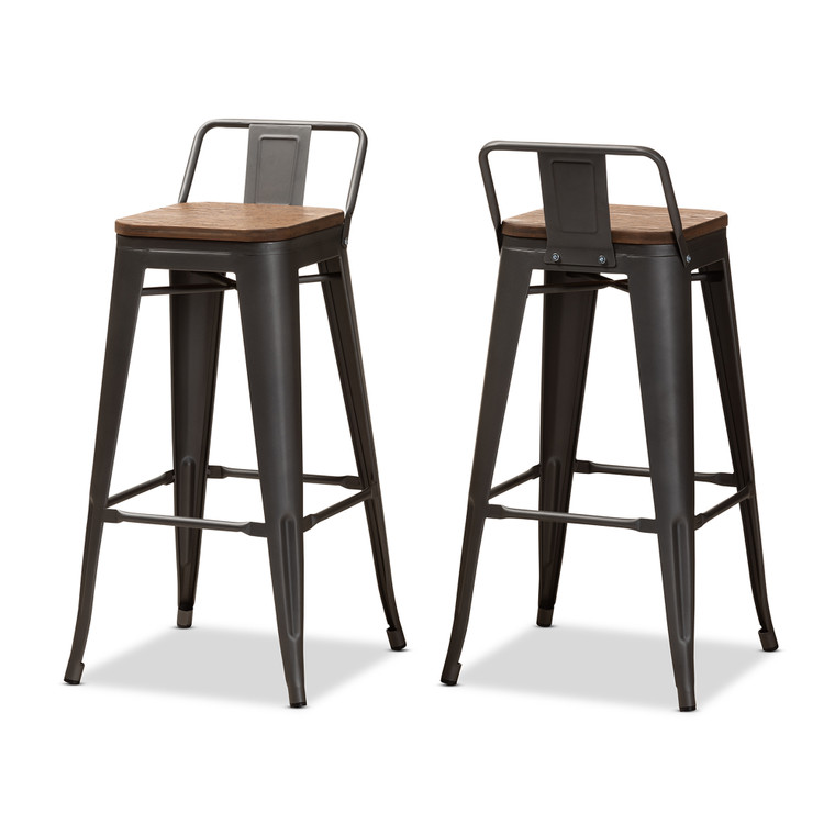 Henro Vintage Rustic Industrial Style Tolix-Inspired Bamboo and Gun Metal-Finished Steel Stackable Bar Stool with Backrest Set | Oak Brown/Gun