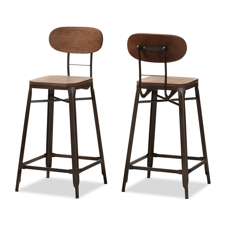 Karev Vintage Rustic Industrial Style Bamboo and Rust-Finished Steel Stackable Bar Stool Set | Oak Brown/Rust