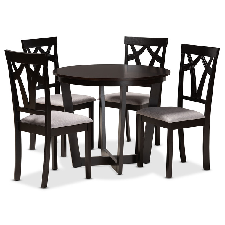 Matel Modern and Contemporary Fabric Upholstered 5-Piece Dining Set | Grey/Stellan Brown