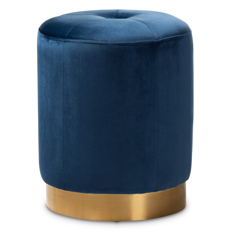 Akira Glam Velvet Fabric Upholstered Gold-Finished Ottoman | Navy Blue/Gold
