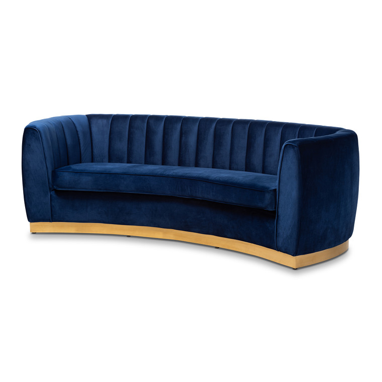 Tilena Glam Royal Velvet Fabric Upholstered Gold-Finished Sofa | Royal Blue/Gold