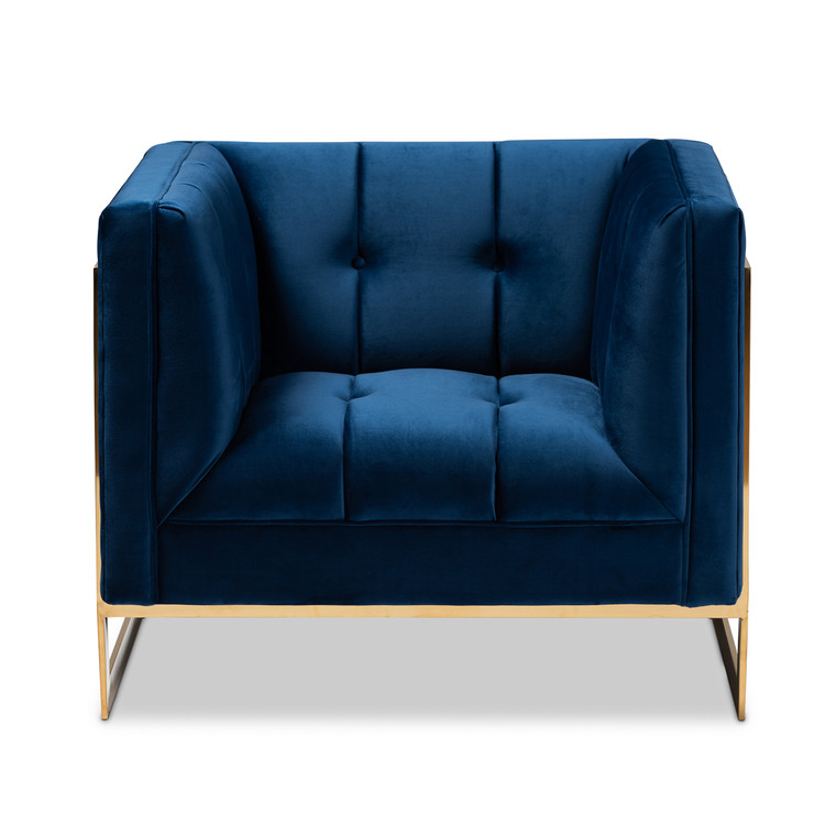 Brmaa Glam and Luxe Royal Velvet Fabric Upholstered and Button Tufted Armchair with Gold-Tone Frame | Royal Blue/Gold