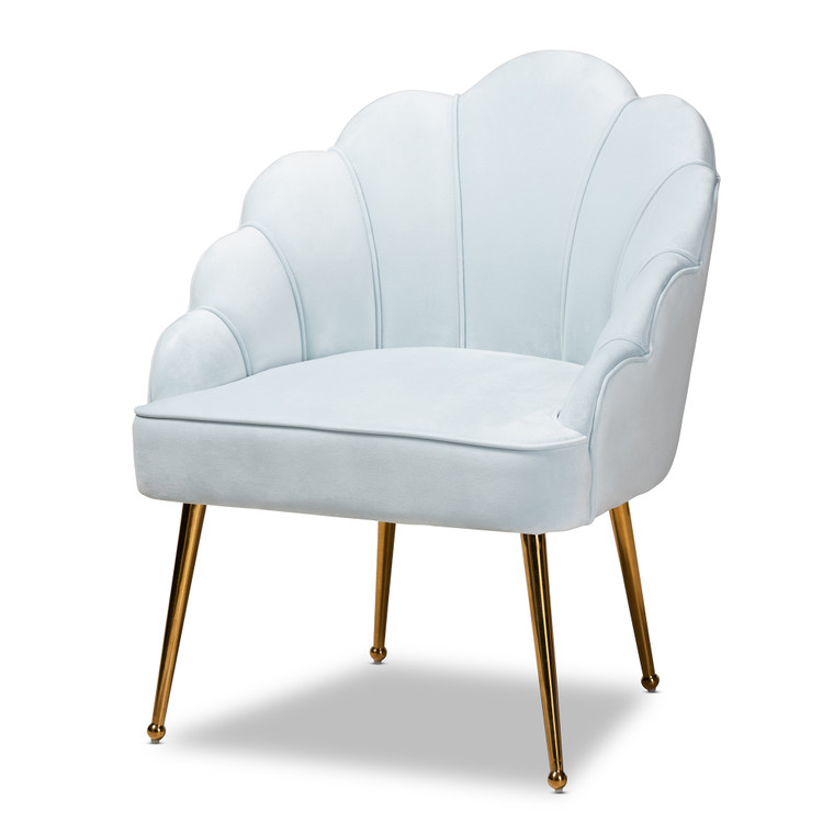 Xanthippe Glam and Luxe Velvet Fabric Upholstered Seashell Shaped Accent Chair | Light Blue/Gold