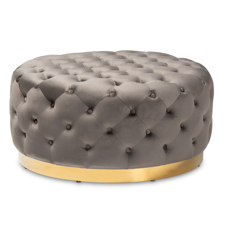 Hashas Glam and Luxe Velvet Fabric Upholstered Round Cocktail Ottoman | Grey/Gold