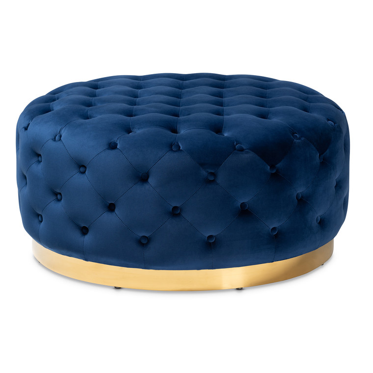 Hashas Glam and Luxe Royal Velvet Fabric Upholstered Round Cocktail Ottoman | Royal Blue/Gold