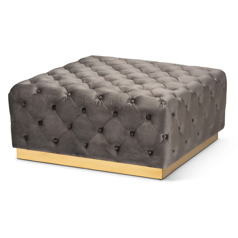 Enerve Glam and Luxe Velvet Fabric Upholstered Square Cocktail Ottoman | Grey/Gold