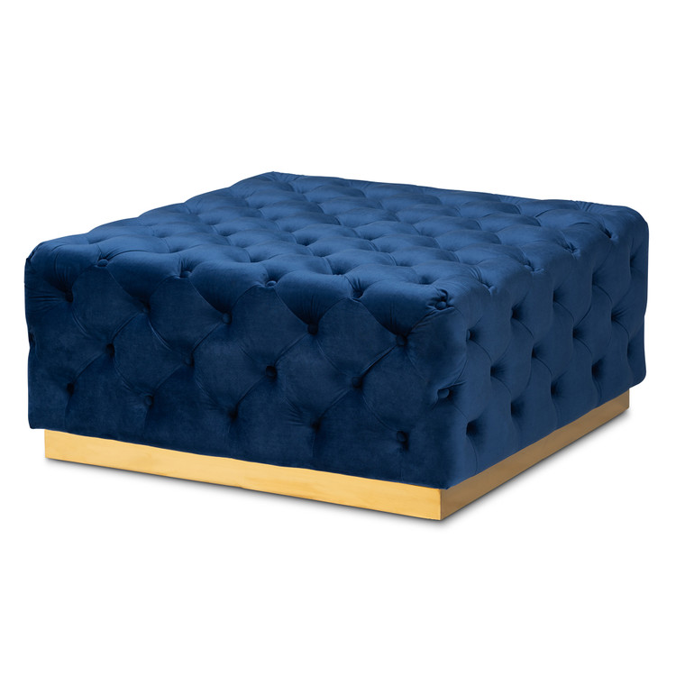 Enerve Glam and Luxe Royal Velvet Fabric Upholstered Square Cocktail Ottoman | Royal Blue/Gold