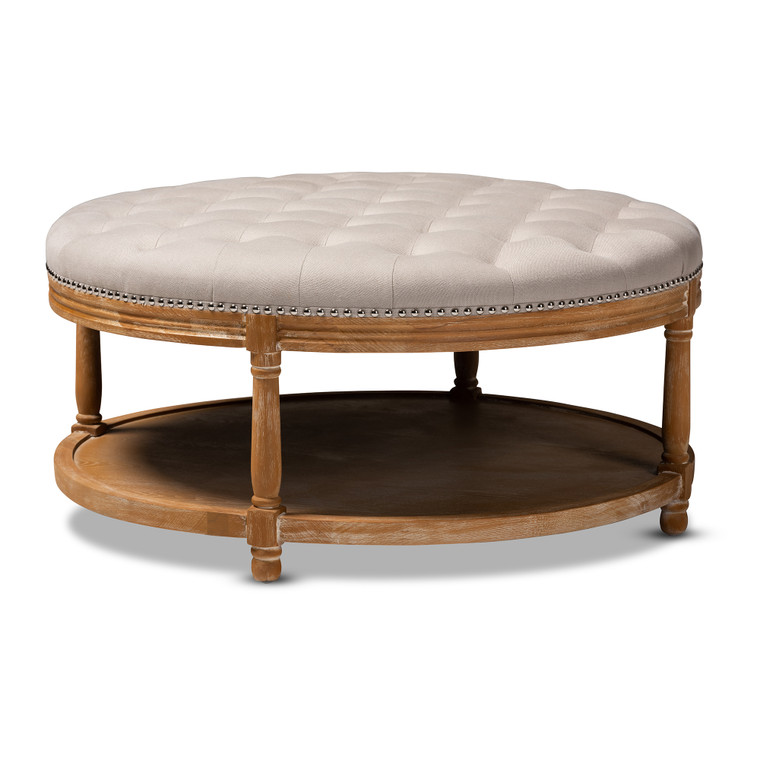 Broseima French Provincial Beige Linen Fabric Upholstered and White-Washed Oak Wood Button-Tufted Cocktail Ottoman with Shelf | Beige/Oak