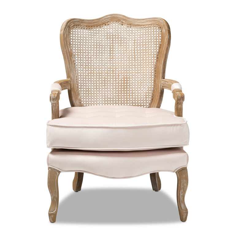 Eallav Traditional French Provincial Light Beige Velvet Fabric Upholstered White-Washed Oak Wood Armchair | Light Beige/Oak