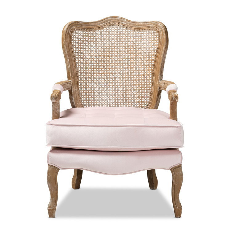 Eallav Traditional French Provincial Light Velvet Fabric Upholstered White-Washed Oak Wood Armchair | Light Pink/Oak