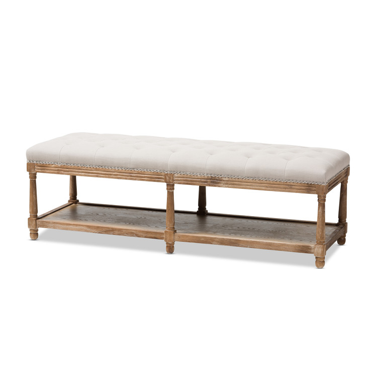 Elestec French Country Weathered Oak Beige Linen Upholstered Ottoman Bench | Beige/Weathered Oak