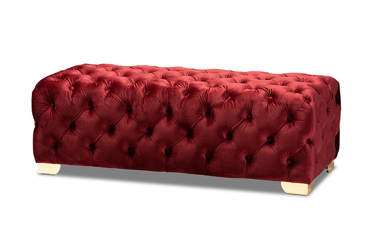 Araav Glam and Luxe Burgundy Velvet Fabric Upholstered Button Tufted Bench Ottoman | Burgundy/Gold