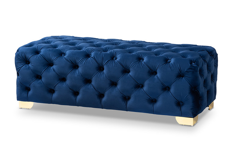 Araav Glam and Luxe Royal Velvet Fabric Upholstered Button Tufted Bench Ottoman | Royal Blue/Gold