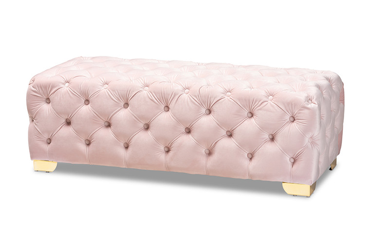 Araav Glam and Luxe Light Velvet Fabric Upholstered Button Tufted Bench Ottoman | Light Pink/Gold