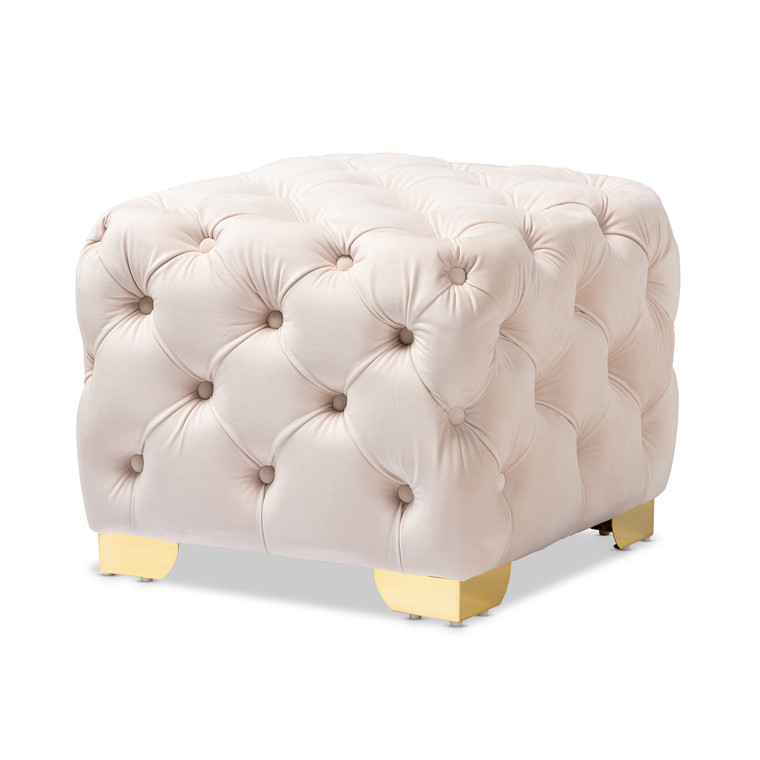 Araav Glam and Luxe Light Beige Velvet Fabric Upholstered Button Tufted Ottoman | Light Beige/Gold